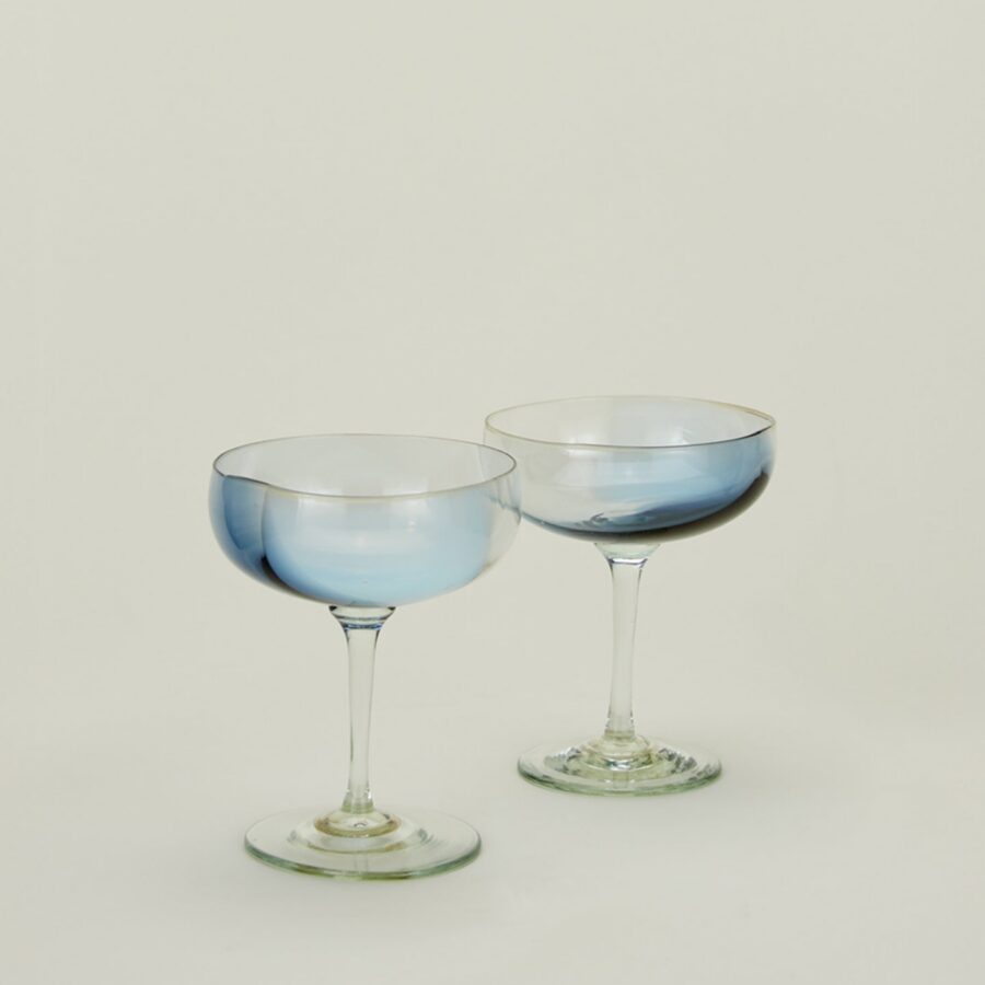 Peacock Sky Hand-Blown Coupe Pair